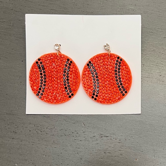 🏀Basketball Orange & Black Crystal Rhinestone Light Felt Back NBA 1.5” Earrings - Picture 1 of 3